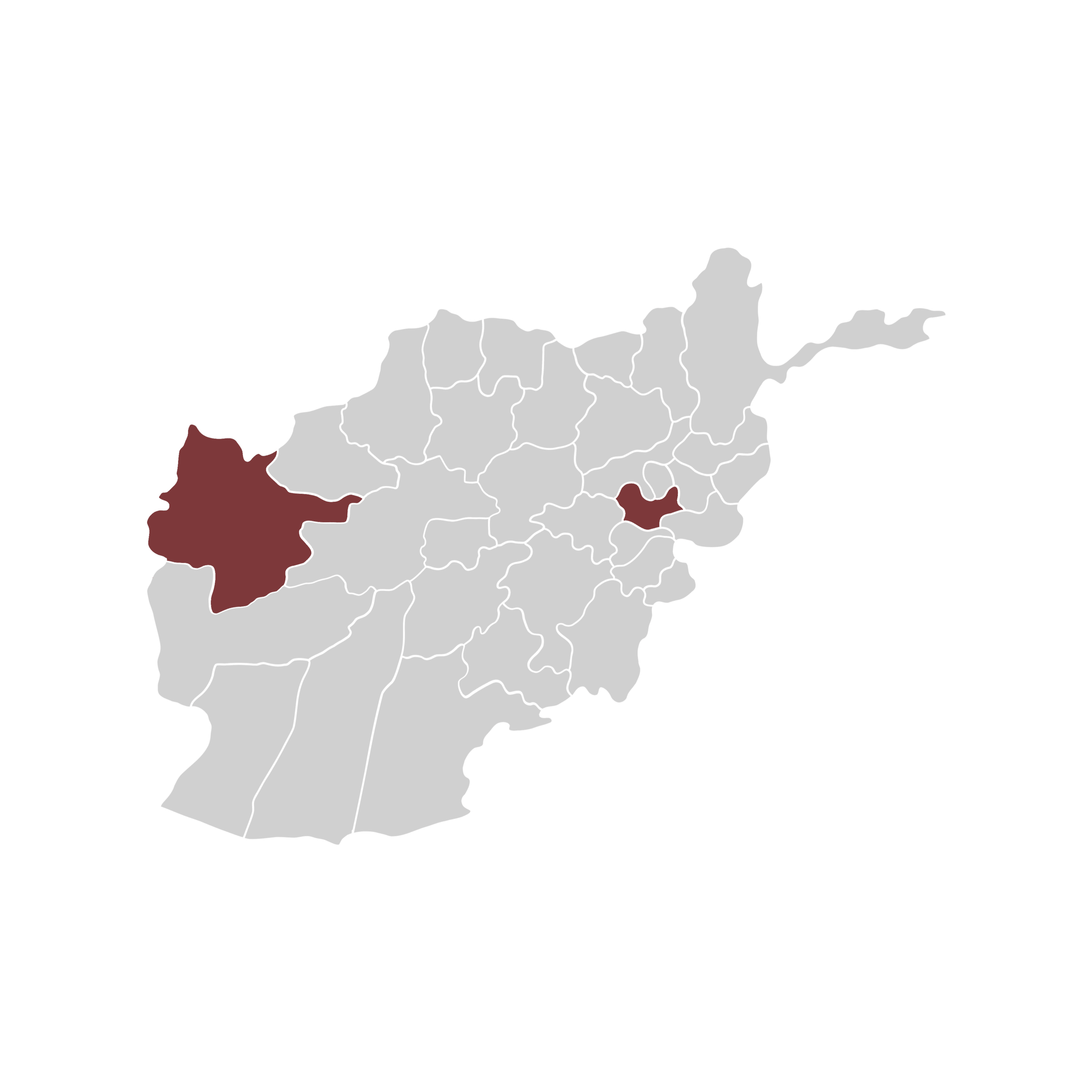 Map of Afghanistan highlighting Kabul and Herat provinces