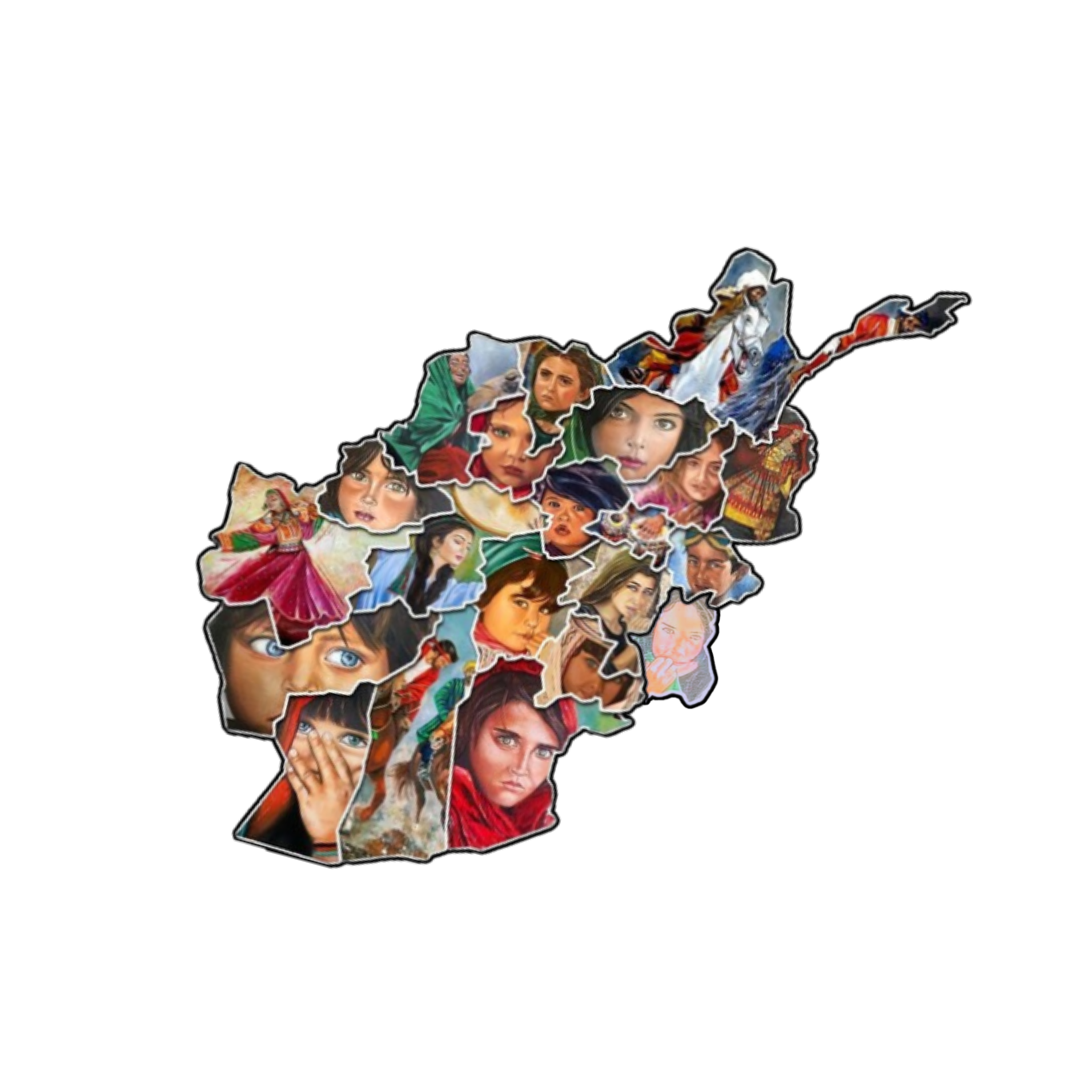 Map of Afghanistan filled with portraits of Afghan girls and women