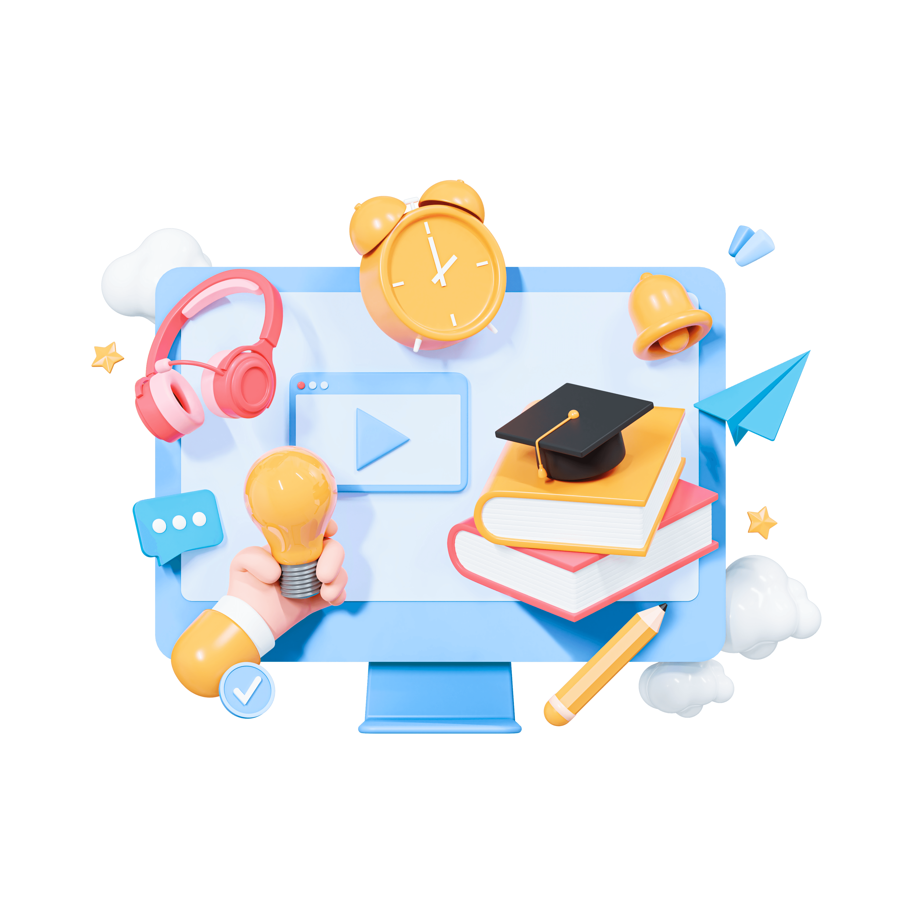 Computer monitor with learning icons representing online classes